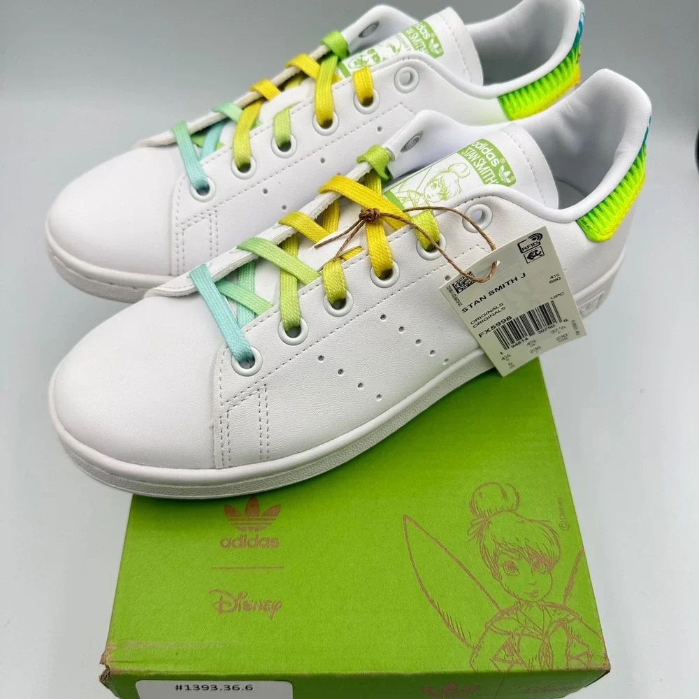 Adidas Stan Smith J FX5998 Kids Disney Tinkerbell White Rainbow Lace Shoes Sz‎ 5